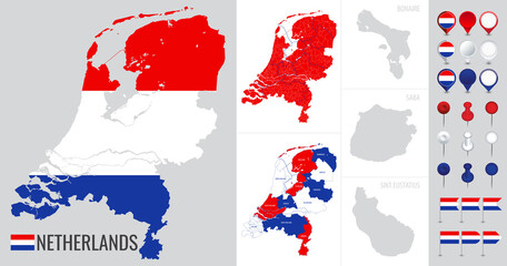 Netherlands vector map with flag, globe and icons on white background