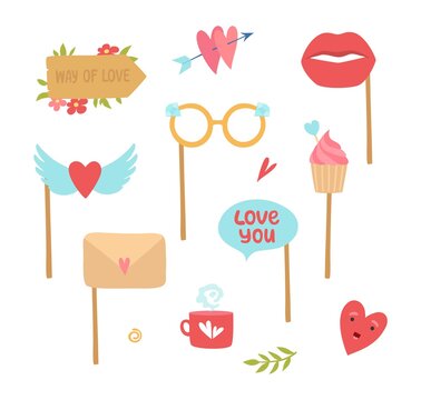 Photo booth elements. Love decorations, heart lips cake stickers for planners diary vector set. Decoration love photo booth, wedding scrapbook illustration