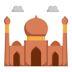 Place of worship Vector Color Icon Design, Arab culture and traditions Symbol on white background, Islamic and Muslim practices Sign, Mosque front view with clouds Concept,