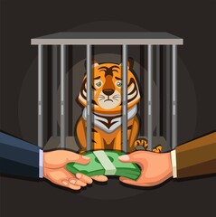 Wildlife trade, illegal business people selling tiger illustration concept in cartoon vector