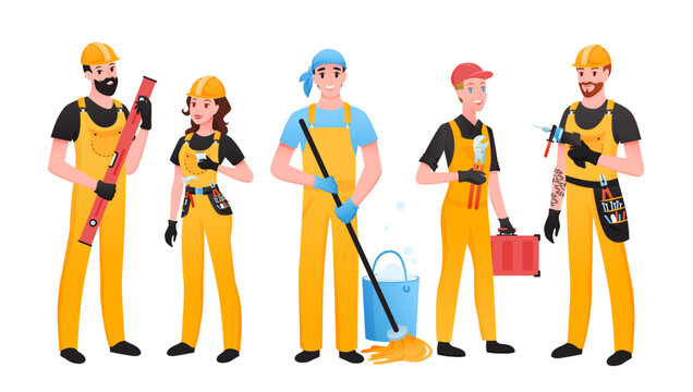 Repairman set, mechanic team in helmet and overalls standing, builders holding equipment