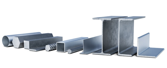 Lined up various aluminium and metal profiles, shapes and tubes, 3d illustration