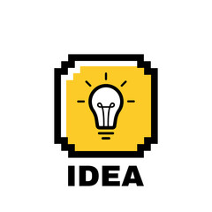 Idea label design with light bulb and rays inside the pixel box. Logo design. Vector illustration