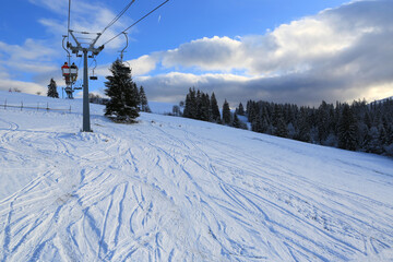 ski chair lift in a ski resort in the carpathians,