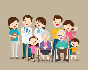 Doctor and happy family with grandparents sitting on wheelchair