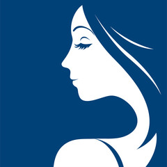 Beautiful face of a girl with closed eyes on a blue background. Logo for a beauty salon. Vector fashion illustration.