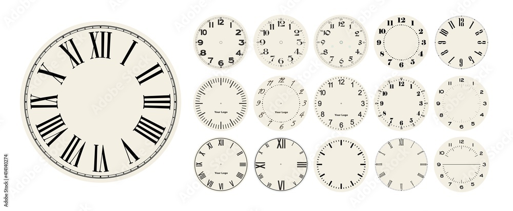 Wall mural big set of vector clock faces, watch dials in different styles for watch clock design