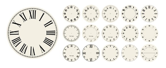 Big set of vector clock faces, watch dials in different styles for watch clock design - obrazy, fototapety, plakaty