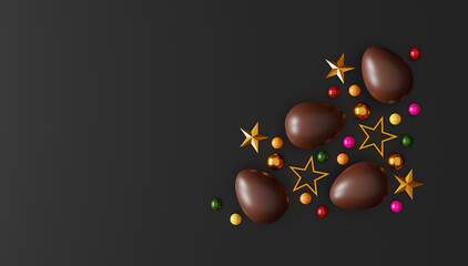 chocolate easter eggs on dark background. top view. flat lay. 3D illustration