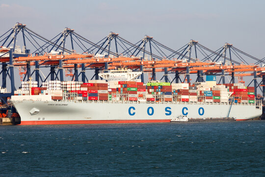 Container ship Cosco Development moored at the Euromax container terminal in the Port of Rotterdam. March 16, 2016