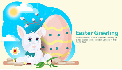 Easter greeting A rabbit climbs out of a hole on the background of a painted egg and willow branches flat vector illustration banner for holiday design decoration