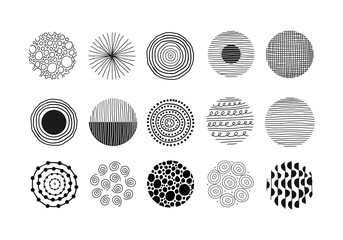 Modern abstract set of fifteen black round shapes with lines, circles, drops on white background. Vector hand drawn illustration	