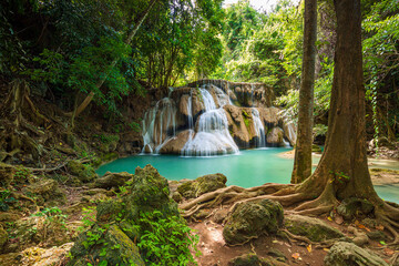 Huay Mae Khamin Waterfall. Nature landscape of Kanchanaburi district in natural area. it is located in Thailand for travel trip on holiday and vacation background, tourist attraction.
