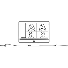 Continuous one line drawing a computer with group of people doing video conference. Concept online meeting via group call. Vector illustration.