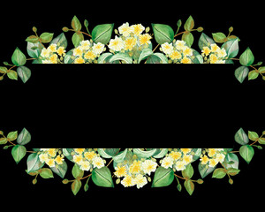 Watercolor hand painted nature banner frame with yellow lime blossom flowers and green eucalyptus branches bouquet on the black background for invite and greeting card with space for text