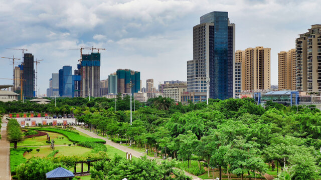 Skyscrapers Under Construction In Haikou. Downtown City, CBD. Tall Buildings In The Business District. Hainan Island. China. Asia