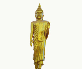Golden Buddha statue standing on white background with clipping path