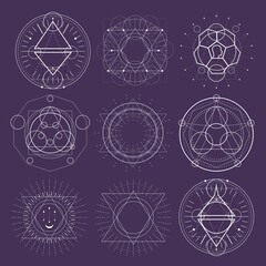 Mystical geometry symbols collection. Set of linear alchemy, occult, philosophical signs. For music album cover, poster, sacramental design. Astrology and religion concept.