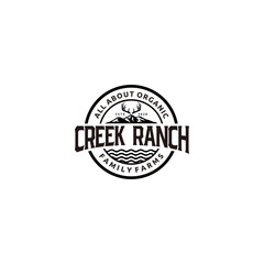 Mountain and River Creek Ranch Vector Stamp Logo Label, Vintage Farming Logo Template