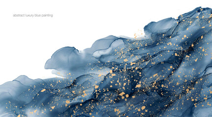 Abstrakte flüssige Kunstmalerei blau und gold mit Alkoholtinte oder Aquarell mit Leerraum. Für Dekoration, Banner, Hintergrund im Luxusstil. © korkeng