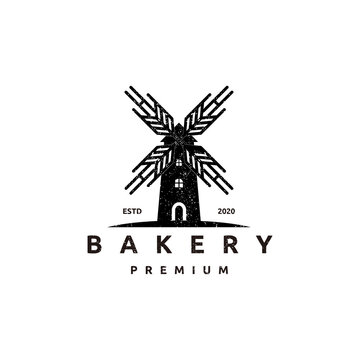 Vintage Rustic Windmill Logo Vector Illustration. Bakery Emblem Design on White Background