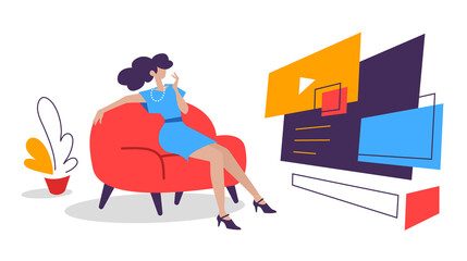 Vector illustration of woman sitting on the couch and watching tv