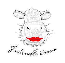 Sketch. Smiling cow close up. Hand drawn. Fashionable woman.