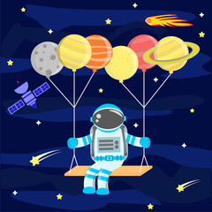 Illustration vector graphic cartoon character of astronaut flies into space using planet balloons