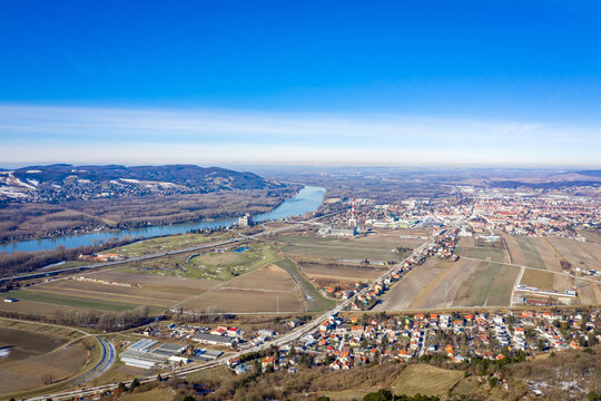 Weinviertel region including Bisamberg, Korneuburg and Langenzersdorf. Panorama view in Lower Austria.