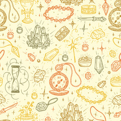 Precious Treasures Vector Seamless pattern. Hand Drawn Doodle : Gold Jewelry, Crystals, Gems, Diamonds. Magic background