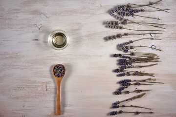 Lavender essential oil and dried flowers