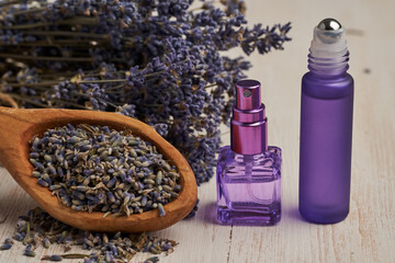 Lavender essential oil and dried flowers