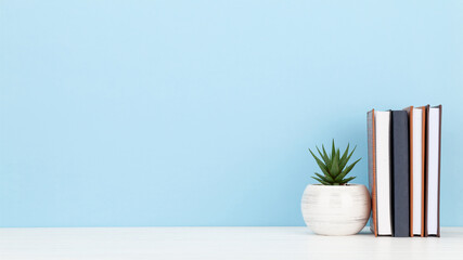 Office desk with potted plant and notepads. Work from home