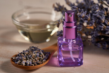 Lavender essential oil and dried flowers