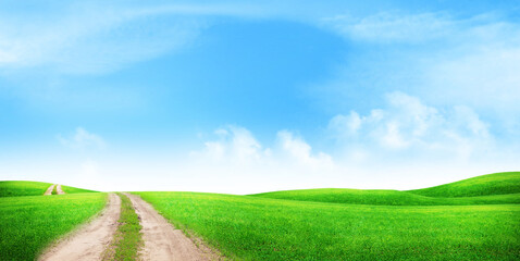 Road through grass field and clear blue sky