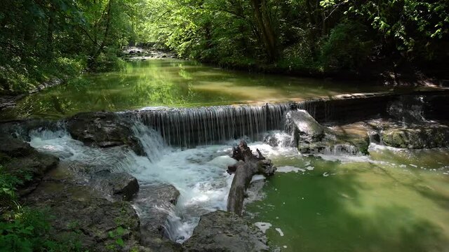 Wehr mit Wasserfall in einem Fluss im Wald - Schlichemklamm, Schwarzwald, Deutschland