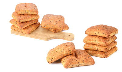 Oatmeal bread with flax seeds is isolated on a white background.Selective focus.
