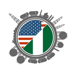 Icons located around circle. Business communication concept in industrial design. USA and Nigeria business cooperation. National flags. Energy generation and heavy industry.