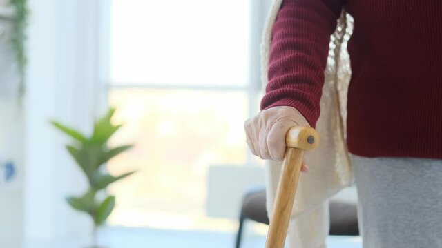 Close Up View Of Old Woman Hand With Cane Indoors