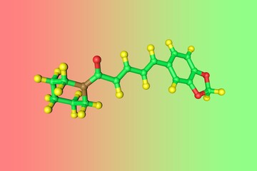 Molecular model of piperine, the alkaloid responsible for the pungency of black pepper and long pepper. It is used in some forms of traditional medicine. Scientific background. 3d illustration