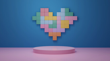 8 bit game background colorful cylinder podium in decor by heart, valentines background  concept scene stage showcase, product, love, promotion sale, presentation, wedding. 3D render