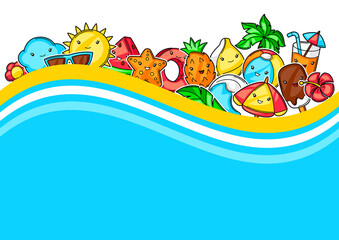 Background with cute kawaii summer items.