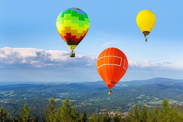 a balloon against the sky in the mountains of Europe. scan from flight altitude . background sky