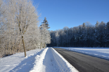 Stra&szlig;e f&uuml;hrt durch vereiste Schneelandschaft