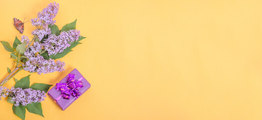Greeting card background banner for March 8, with lilac flowers on a yellow background with copy space