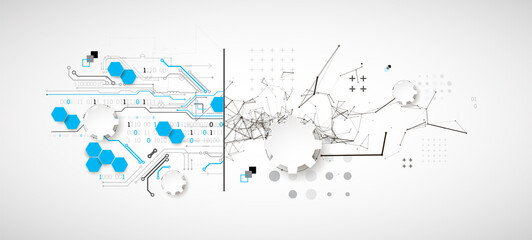Abstract background on technological and scientific topics. Plexus effect with various techno details with a place under the text. Vector format.