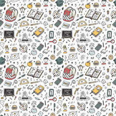 Education items. Back to school. Hand Drawn Doodle school supplies Vector Seamless pattern