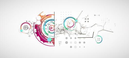 Obraz premium Abstract background on technological and scientific topics. Plexus effect with various techno details with a place under the text. Vector format.