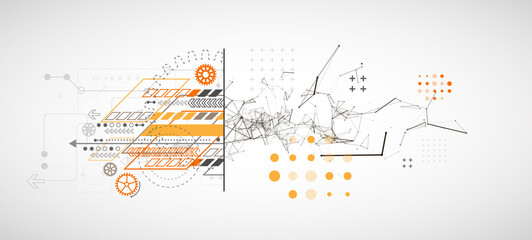 Obraz premium Abstract background on technological and scientific topics. Plexus effect with various techno details with a place under the text. Vector format.