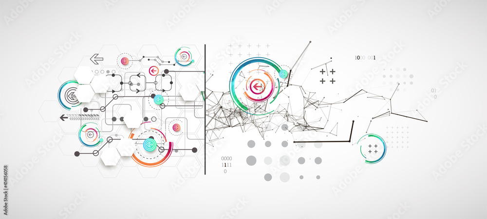 Wall mural abstract background on technological and scientific topics. plexus effect with various techno detail